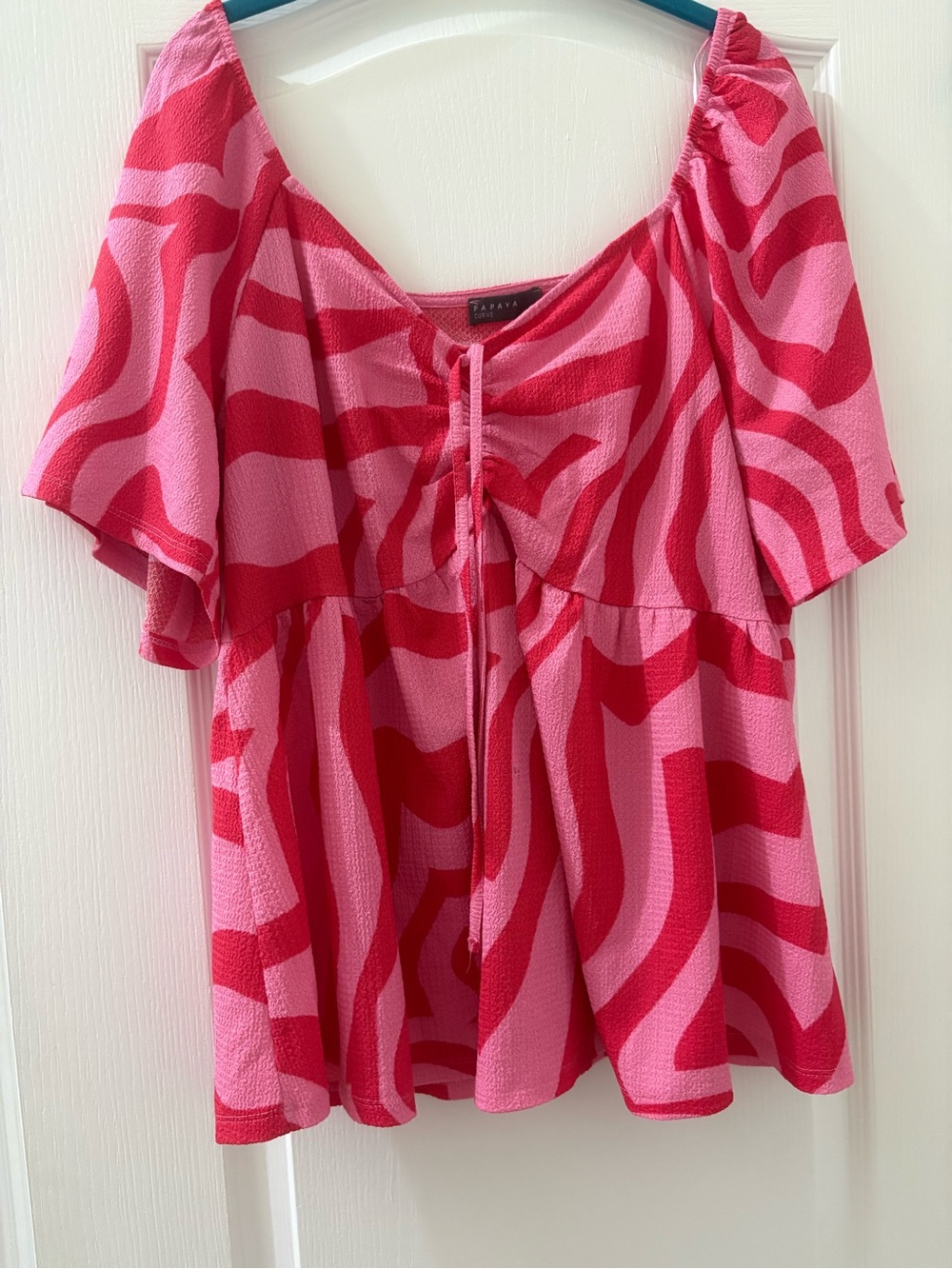 Papaya CURVE Pink & Red Wave-Print Tie-Front Peasant Top